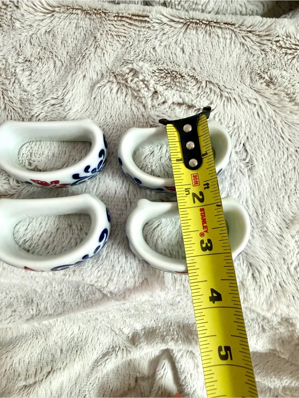 Pier 1 White Ceramic Napkin Rings with Blue Floral and Red Butterfly Motif